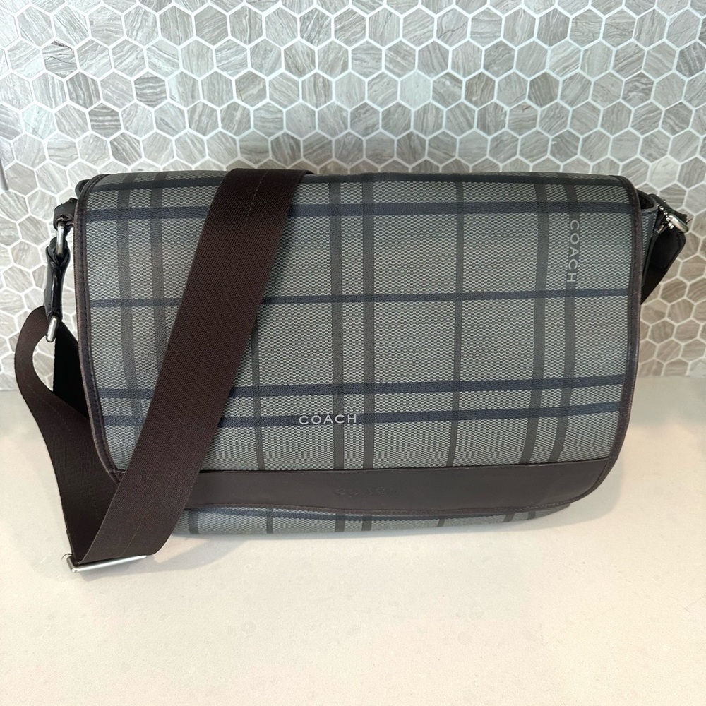 Coach Gray and Brown Plaid Crossbody Bag